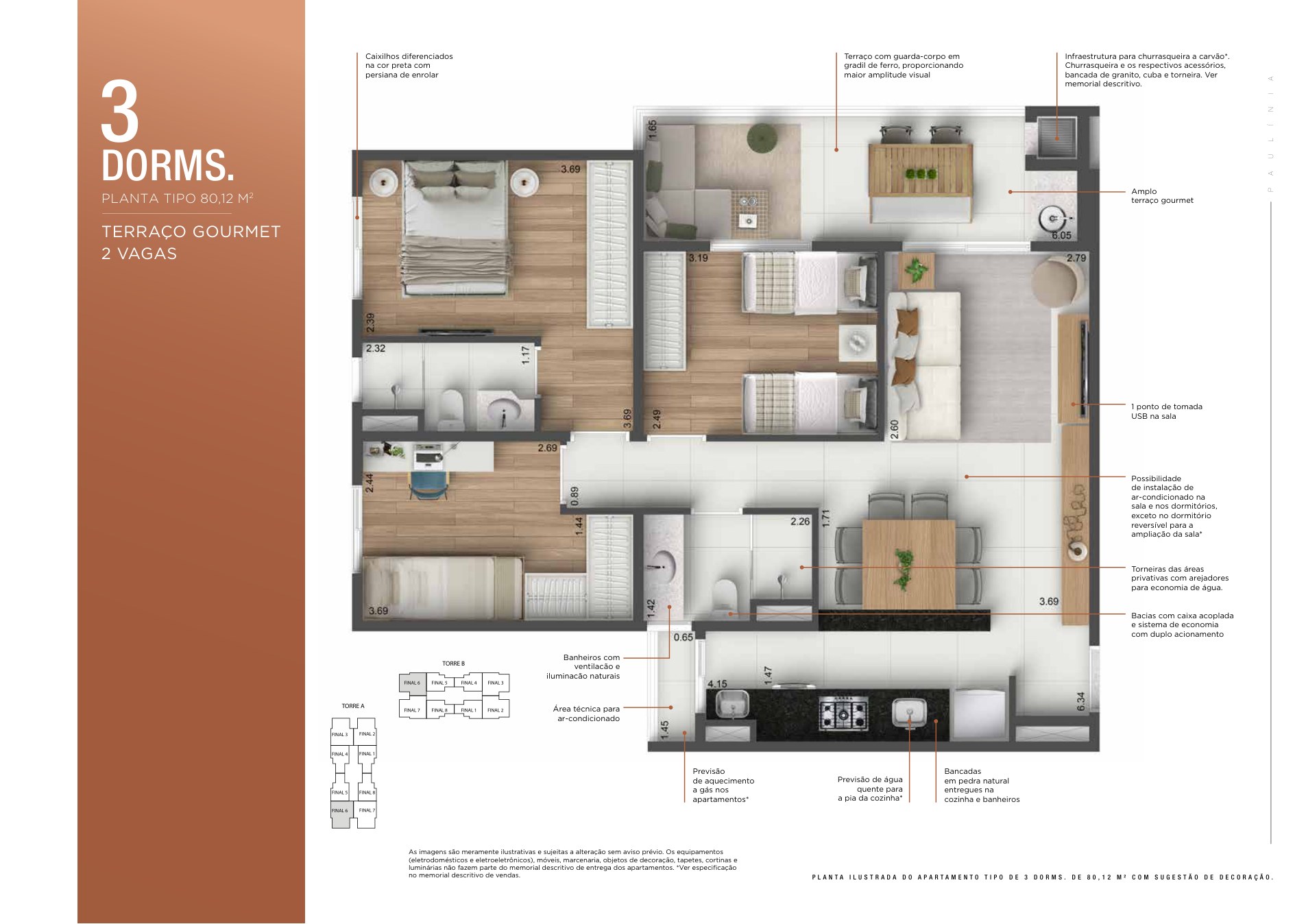 Planta ilustrada de apartamento de 3 dormitórios